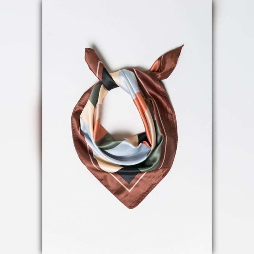 A218-M • Earth Tone Geo Color Block Silky Bandana Scarf